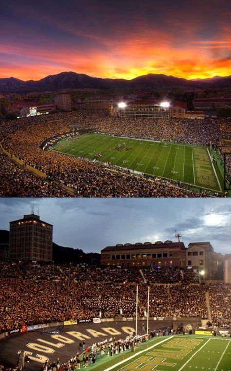 University of Colorado at Boulder Buffaloes - 2 views of Folsom Field - dusk and night Colorado Mesa University, Sko Buffs, Uc Boulder, Folsom Field, Boulder University, Colorado University, Cu Boulder, College Vision Board, Colorado Girl