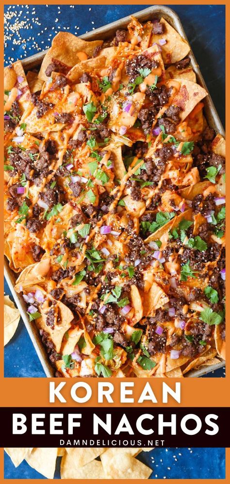 The perfect football food! This game day recipe is a must-try on your next tailgating. Smothered in melted cheese, Korean beef, caramelized kimchi, and a Sriracha mayo drizzle, these nachos are the BEST! Asian Game Day Food, Mexican Game Day Food, Korean Beef Nachos, Korean Nachos Recipe, Football Game Day Recipes, Korean Appetizers For Party, Game Day Nachos, Sunday Game Day Food, Asian Mexican Fusion Recipes