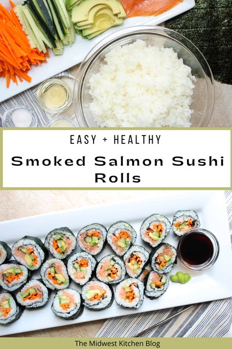 Homemade sushi rolls are simply delicious! This easy step-by-step recipe shows you how to make them using your favorite toppings and fillings. These rolls are made of smoked salmon, cucumber, carrots, and avocado. Salmon Sushi Rolls Recipes, Smoked Salmon Sushi Roll, Easy Homemade Sushi, Smoked Salmon Cucumber, Smoked Salmon Sushi, Homemade Sushi Rolls, Midwest Kitchen, Salmon Sushi Rolls, Salmon Cucumber