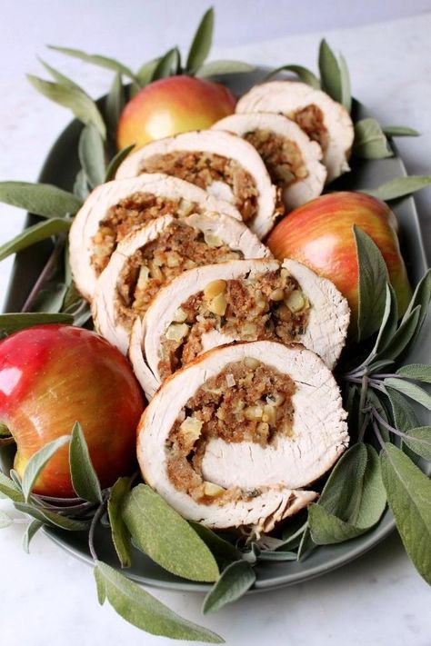 This Apple Herb Stuffed Turkey Breast Recipe is perfect for when you're craving turkey but don't want to deal with brining and baking a whole turkey. Perfect for 2 or 4 with no leftovers!  #turkey breast #turkey #stuffing #dressing #Thanksgiving #Dinner #rolled turkey breast Apple Stuffed Turkey, Cooking A Stuffed Turkey, Sausage Cornbread, Stuffed Turkey Breast, Turkey Roulade, Sausage Cornbread Stuffing, Turkey Spices, Thanksgiving Meals, Creamed Peas