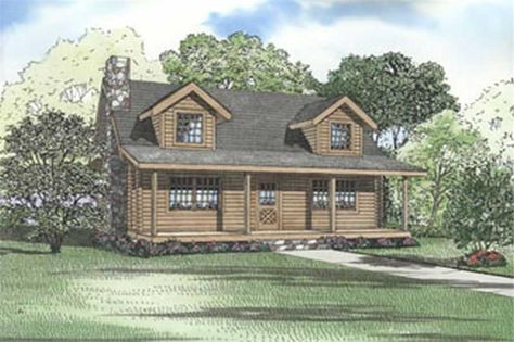 Main colored rendering image for log house plan # 5095 Deep Front Porch, Large Mudroom, Log Cabin House Plans, Gardening Painting, Log Cabin House, Log Home Plan, Log Cabin Floor Plans, Log Home Ideas, Small Cabin Plans