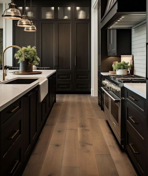 Espresso Brown Kitchen Cabinets, Black And Tan Kitchen, Dark Brown Kitchen, Modern Black Kitchen, Kitchen Goals, Kitchen Floors, Dream Future, Dark Kitchen, Brown Kitchens