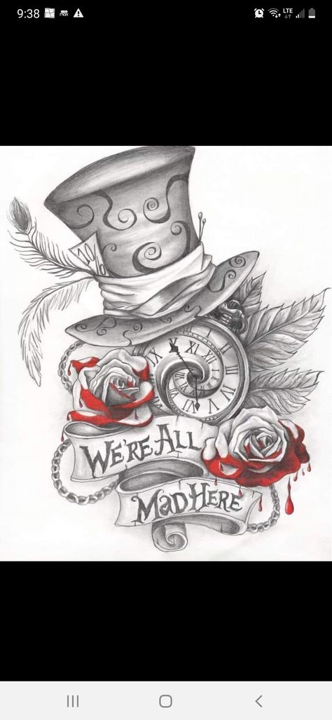 Mad Hatter Drawing, Alice In Wonderland Tattoo Sleeve, Mad Hatter Tattoo, Dark Disney Tattoo, Cheshire Cat Tattoo, Alice In Wonderland Clocks, Alice And Wonderland Tattoos, Steampunk Tattoo, Dark Alice In Wonderland