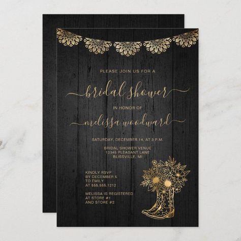 Wedding Invitations Black And Gold, Wood Boots, Bridal Shower Venues, Western Invitations, Western Wedding Invitations, Handwriting Script, Rustic Bridal Shower Invitations, Bridal Invitations, Black Wedding Invitations