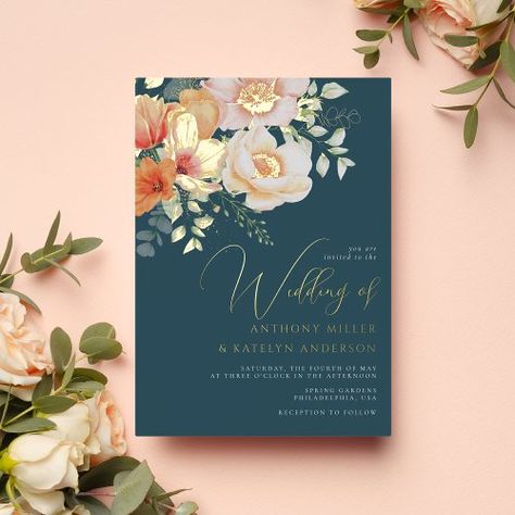 $3.95 | Orange and Teal Blue Spring Peach Floral Wedding | Wedding Invitations | spring wedding, floral, gold foil, teal blue, peach, orange, script, elegant, watercolor floral, modern Peach Floral Wedding, Teal Wedding Colors, Blush Wedding Colors, Baby Blue Weddings, Blue Floral Wedding, Aqua Wedding, Spring Wedding Invitations, Wedding Anniversary Invitations, Teal Wedding