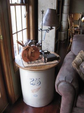 Stoneware crock table How To Display Crocks, Red Wing Crocks Decor Ideas, Redwing Crocks Decorating, 20 Gallon Crock Decorating Ideas, Medalta Crocks, Ceramic Crock Decor Ideas, Red Wing Crock Decor Ideas, Decorating With Old Crocks, Crock Decor Ideas