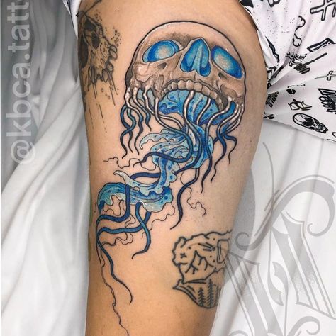 Tattoo uploaded by Jennifer R Donnelly | Jellyfish tattoo by kbca.tattoo #kbcatattoo #jellyfish #ocean #oceanlife #animal | 1458257 | Tattoodo Creepy Nautical Tattoo, Underwater Creatures Tattoo, Skeleton Ocean Tattoo, Scary Jellyfish Tattoo, Shark And Jellyfish Tattoo, Jellyfish Elbow Tattoo, Mens Jellyfish Tattoo, Aquatic Knee Tattoo, Underwater Skull Tattoo