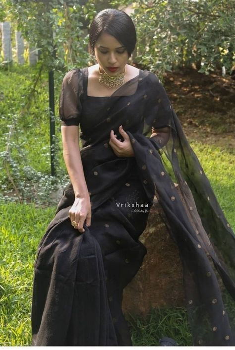 Sandal Colour Saree Contrast Blouse, Black Saree Styling Ideas, Black Blouse Ideas, Black Saree Styling, Black Blouse Designs For Saree, Full Sleeve Blouse Designs, Black Saree Blouse Designs, Black Blouse Designs, Full Sleeve Blouse