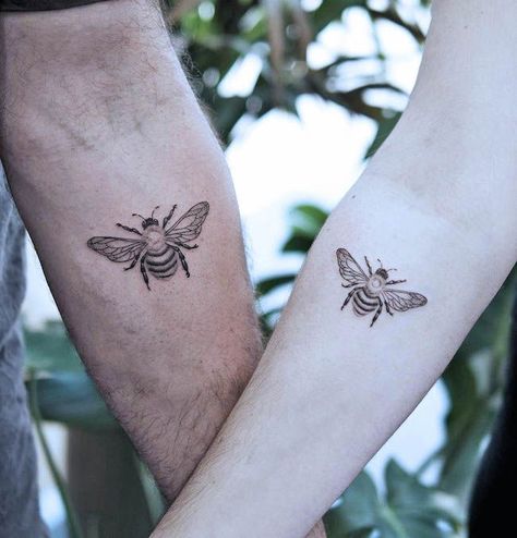 Medium Sized Matching Tattoos, Sibling Animal Tattoos, Matching Garden Tattoos, Couple Bee Tattoo, Couples Bee Tattoos, Matching Beetle Tattoos, Vintage Matching Tattoos, Couple Flower Tattoos, Matching Bee Tattoo Couple