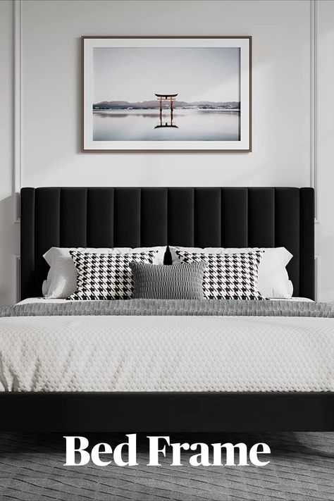 Black Velvet Headboard, Black King Bed Frame, Black King Bed, Velvet King Bed, Bed Frame Velvet, Black Bed Frames, Best Beds, King Platform Bed Frame, Primary Bed