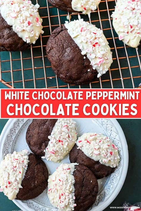 White Chocolate Dipped Peppermint Chocolate Cookies Chocolate White Chocolate Chip Cookies, Peppermint Chocolate Cookies, Cookies Dipped In White Chocolate, Peppermint Bark Cookie, Modern Honey, Peppermint Recipes, Chocolate Peppermint Cookies, Baking Treats, Peppermint Chocolate