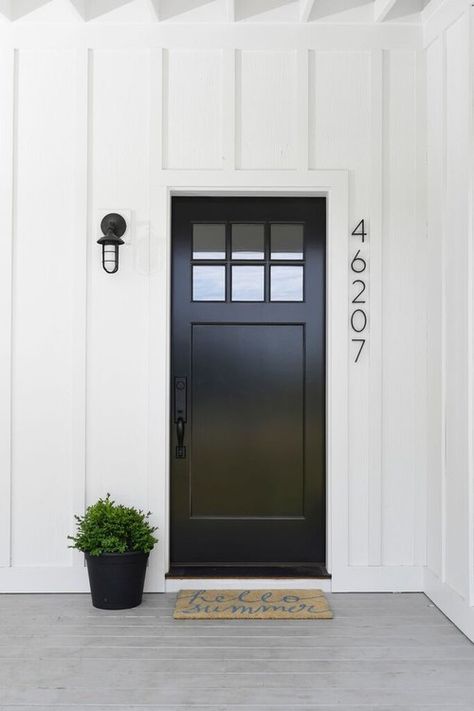 Black Exterior Doors, Entryway Light Fixtures, Black Front Door, House Numbers Diy, Farmhouse Front Door, Black Front Doors, Farmhouse Doors, Modern Front Door, Farmhouse Light Fixtures