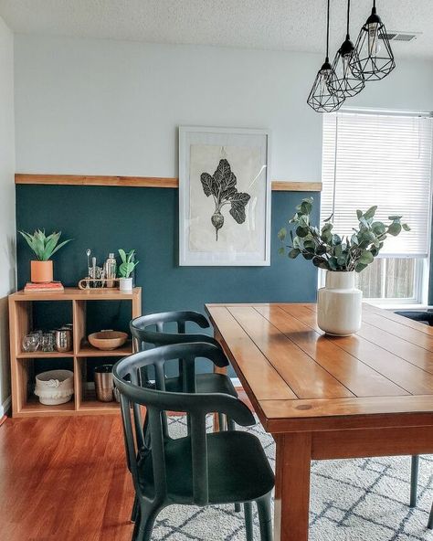 How to Paint an Accent Wall DIY | Hometalk Wood Stain Wainscoting, Colorful Minimalism Aesthetic, Black Evergreen, Accent Wall Dining Room, Evergreen Color, Installing Wainscoting, Brick Paneling, Accent Wall Paint, Diy Accent Wall