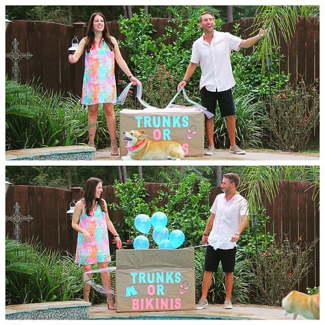 Bikinis Or Trunks Gender Reveal, Gender Reveal Ideas Pool Party, Gender Reveal Ideas Beach Theme, Lake Gender Reveal Ideas, Gender Reveal At The Beach, Pool Gender Reveal, Pool Gender Reveal Ideas, Gender Reveal Pool Party Ideas, Pool Party Gender Reveal