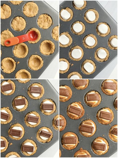 Smore Cookie Cups, Cookies In Cupcake Pan, Mini Cupcake Pan Desserts, Smores Cookie Cups, Graham Cracker Cups, S'mores Cookie Cups, Desserts Mini, Smores Cookie, Cookie Cups Recipe