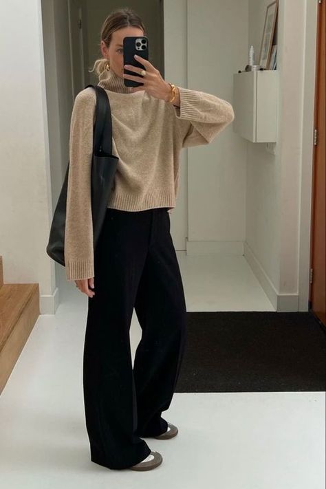 Fall basics Chic New York Style, Dissh Outfits, 70 Degree Weather Outfit Work, Personal Assistant Outfit, Taupe Sweater Outfit, Casual Friday Work Outfits Fall, Basic Work Outfits, Pants Under Dress, Cophengan Style