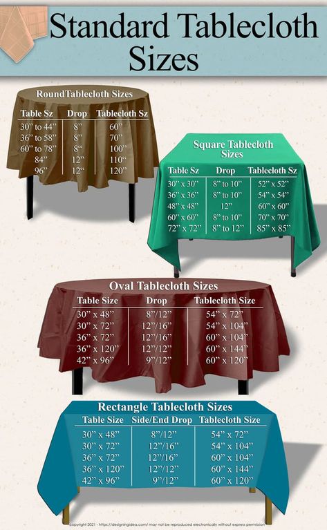 Tablecloth Sizes (Dimensions Guide) - Designing Idea Tablecloth Dimensions, Tablecloth Size Chart, Dining Table Cloth, Diy Water Fountain, Table Cloth Decorations, Oval Tablecloth, Tablecloth Sizes, Card Table, Banquet Tables