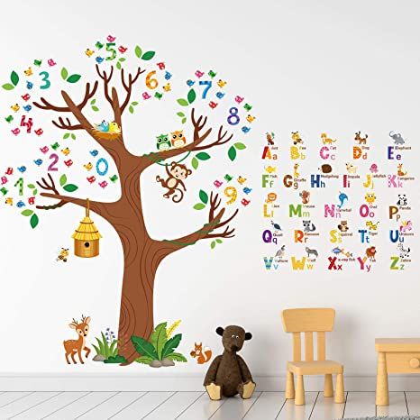 Amazon.com: 3 Sheets Animal Alphabet and Numbers Tree Wall Decals ABC Letters and Birds Numbers Peel and Stick Wall Stickers for Kids Bedroom Living Room Classroom Decorations : Baby Three Animals, Baby Wall Stickers, Tree Wall Decals, Abc Wall, Tree Decals, Animal Letters, Abc Letters, Tree Stickers, Tree Wall Stickers