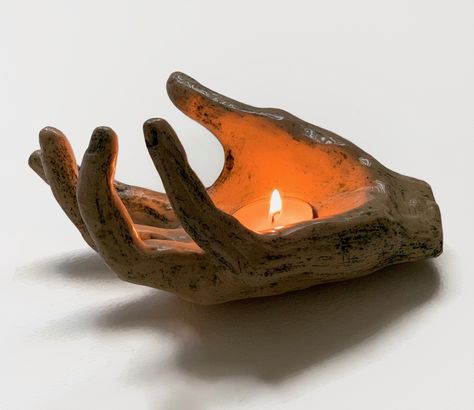 Tealight Clay Holder, Diy Long Candle Holders, Sculptural Candle Holder, Hand Built Candle Holder, Ceramic Hand Sculpture, Tealight Candle Holders Clay, Hand Sculpture Clay, Diy Candle Holders Clay, Ceramic Tealight Holder