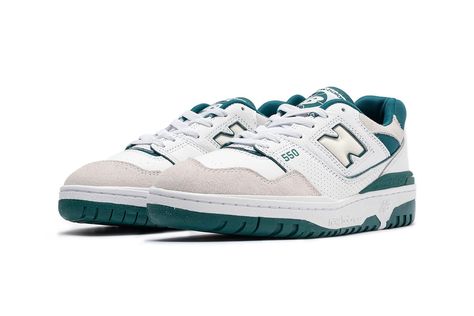 New Balance 550 Arrives in a New "White/Green" | Hypebeast Navy Blue New Balance, New Balance 550 White, Balance 550, N Logo, Retro Basketball Shoes, Retro Basketball, Popular Sneakers, Vintage Indigo, Navy Shoes