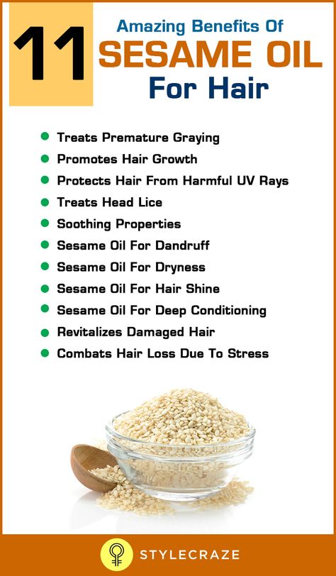 Sesame oil is also known as gingelly oil. It is highly nourishing, healing and lubricating. Other than being used as a flavor enhancing cooking oil, it has many beauty benefits too. Sesame oil is popularly used for hair growth and to maintain scalp health. It is enriched with Vitamin E, B complex, and minerals such as magnesium, calcium, phosphorus and protein that strengthens the hair from the roots and deeply nourishes. Sesame Oil For Hair, Benefits Of Sesame Oil, Oils For Dandruff, Coconut Oil Hair Growth, Coconut Oil For Acne, Deep Conditioning Hair, Coconut Oil Hair Mask, Hair Cleanser, Oil For Hair