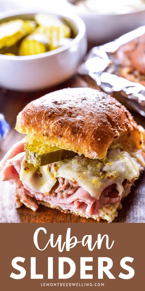 Cuban Sandwiches... in slider form! These Baked Cuban Sliders are easy to make and sure to be a favorite. Perfect for lunch, dinner, or your next party! Cuban Sandwich Sliders Kings Hawaiian, Pot Luck Sandwich Ideas, Cuban Sandwiches Recipe, No Meat Sliders, Hawaiian Roll Cuban Sliders, Mini Cuban Sandwiches, Cajun Sliders, Slider Bar Ideas, Slider Sandwiches Kings Hawaiian