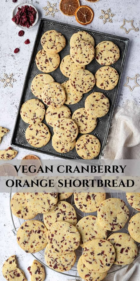 Vegan cranberry orange shortbread - these delicious slice-and-bake cookies are easy to make, rich, melt-in-the-mouth and so full of flavour. They are perfect for Christmas and can be made in advance and baked right from the freezer. Vegan Cranberry Orange Cookies, Vegan Holiday Cookies Recipes, Vegan Cranberry Cookies, Vegan Gf Christmas Cookies, Vegetarian Xmas Recipes, Vegan Slice And Bake Cookies, Vegan Christmas Baking Recipes, Vegan Holiday Baking, Christmas Baking Vegan