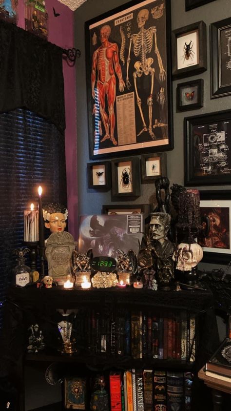 Boho Gothic Aesthetic, Industrial Goth Bedroom, Living Room Decor Gothic, Heavy Metal Bedroom Ideas, Maximalist Decor Gothic, Whimsigoth Side Table, Alt Living Room Aesthetic, Gothic Grandma Aesthetic, Gothic Wall Colors