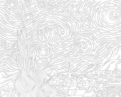 The Starry Night (1889) by Vincent van Gogh: adult coloring page | free image by rawpixel.com / manotang How To Draw Van Gogh Starry Night, Starry Night Sketch, Starry Night Line Drawing, Starry Night Coloring Page, Starry Night Line Art, Cap Template, Van Gogh Coloring, Adult Color By Number, Gogh The Starry Night