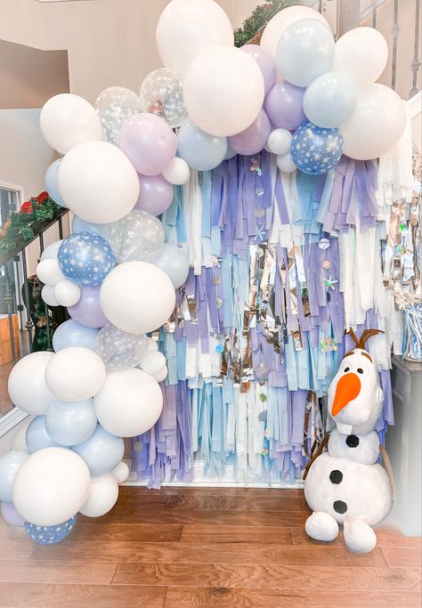 Frozen Yard Decorations, Frozen Second Birthday Party, Frozen Backdrop, Gracie Birthday, Backdrop Fringe, Frozen 3rd Birthday, Frozen Birthday Party Cake, Birthday Photo Backdrop, Plastic Fencing