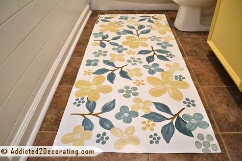 Diy Tub Skirt, Hand Painted Floor, Painted Floor Cloths, Vinyl Floor Cloth, Wood Plank Ceiling, Floor Cloths, Cladding Materials, Decorating Bathroom, Painted Floor