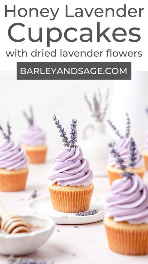 Blueberry Lavender Cupcakes, Chocolate Lavender Cupcakes, Vanilla Lavender Cupcakes, Lavender Flower Birthday Party Ideas, Honey Lavender Cake Recipe, Honey Lavender Pie, Lavender Frosting Recipe, Lavender Honey Cupcakes, Lavender Cupcakes Recipe