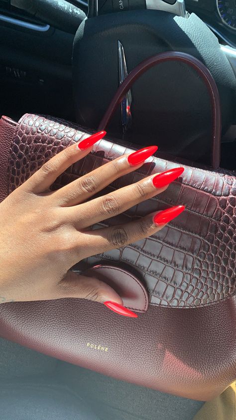 Ferrari Red Nails Almond, Red Oval Acrylic Nails Designs, Red Nails Almond Shape Design, Red Almond Nails Black Women, Red Oval Nail, Ferrari Red Nails Design, Long Almond Red Nails, Red Ferrari Nails, Almond Red Acrylic Nails