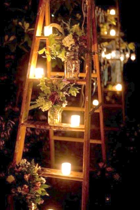 75 Romantic Wedding Lights Ideas | HappyWedd.com Candles And Flowers, Old Ladder, Deco Floral, Outdoor Party, Wedding Lights, Wedding Themes, Backyard Wedding, Romantic Wedding, Country Wedding