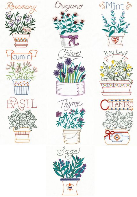 "Herbs" it's time to get started planting herbs, so why not stitch some too? Includes basil and 9 more, all thyme favorites! Basil Embroidery, Herbal Embroidery, Embroidered Dish Towels, Herb Embroidery, Tea Towels Embroidery, Embroidery Kitchen, Towel Embroidery, Embroidery Patterns Vintage, Embroidery Library