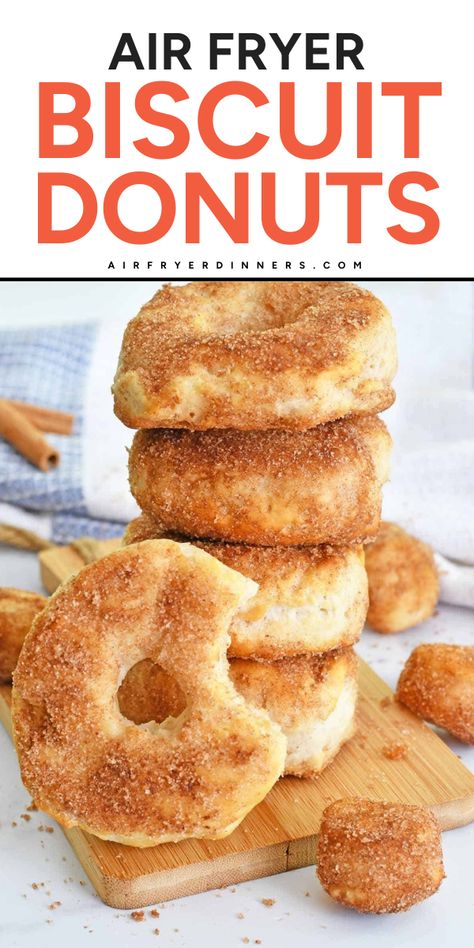 One of the best dessert recipes using canned biscuits! Super flaky and fluffy, these Air Fryer Biscuit Donuts are wonderfully unique. They can even be a tasty snack recipe or a morning breakfast idea! Directions for biscuit donut holes included! Grands Biscuit Donuts Air Fryer, Air Fryer Beniegts, Air Fryer Refrigerator Biscuits, Air Fryer Doughnut Recipes Biscuit, Pillsbury Biscuit Donuts Air Fryer, Air Fry Biscuit Doughnut, Air Fry Doughnut Recipe, Air Fryer Bake Recipes, Airfry Donut Recipes