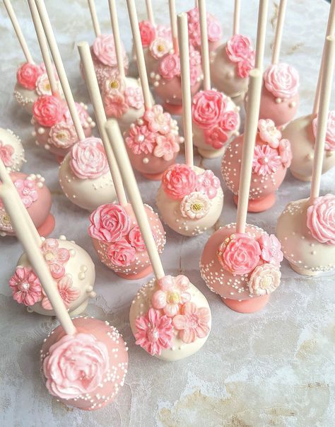 Floral Cake Pops, Floral Dessert Table, Pink Floral Cake, Baby Cake Pops, Graduation Cake Pops, Flower Cake Pops, Pink Dessert Tables, Cake Treats, Pink Baby Shower Cake