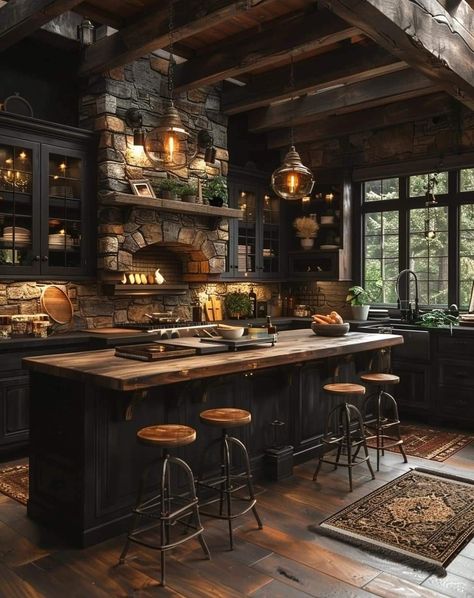 Cozy Cabin Kitchen, Fall Goals, Boho Decor Ideas, Mountain Kitchen, Brick Backsplash Kitchen, Moody Kitchen, Barn House Interior, Rustic Country Kitchens, Victorian Kitchen