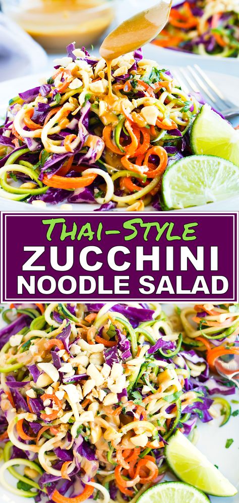 Keto Peanut Noodle Salad, Vegan Keto Pasta, Zucchini Noodle Dinner Recipes, Vegan Spiralizer Recipes, Thai Zucchini Recipes, Spiral Zucchini Salad Recipes, Cold Zucchini Noodle Salad, Spiral Zucchini Salad, Spiral Salad Recipes