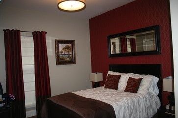 Red Accent Wall Bedroom | Accent Wall Customs Design Ideas, Pictures, Remodel, and Decor Red And Grey Bedroom Walls, Red Bedroom Accent Wall, Maroon Accent Wall Bedroom, Bedroom Red Accent Wall, Dark Red Accent Wall, Burgundy Accent Wall Bedroom, Red Wall Bedroom Ideas, Red And Grey Bedroom Ideas, Red Accent Wall Bedroom