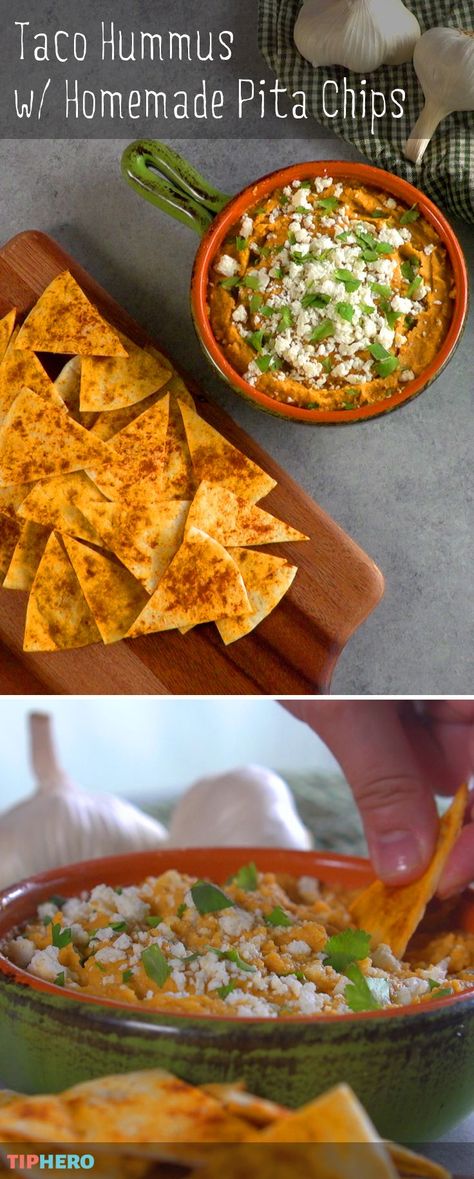 Taco Hummus & Homemade Pita Chips | Add some fire to your hummus a burst of spice and flavor from Old El Paso®️️ taco seasoning for tasty, protein-packed snack!  Click for the recipe and how to video.   #recipe #partyfood #tacotuesday #yum #recipes Taco Hummus, Homemade Pita Chips, Easy Hummus Recipe, Homemade Pita, Hummus And Pita, Dessert Hummus, Fresh Snacks, Healthy Afternoon Snacks, Protein Packed Snacks