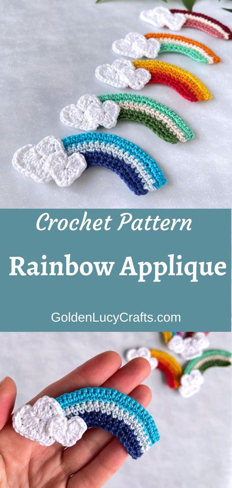 Crochet rainbow appliques. Crochet Cookie Applique, Golden Lucy Crafts Crochet, Crochet Shapes Flat, Gnome Clothes, Fidget Crochet, Crochet Hugs, Cloud Applique, Cloud Crochet, Football Crochet