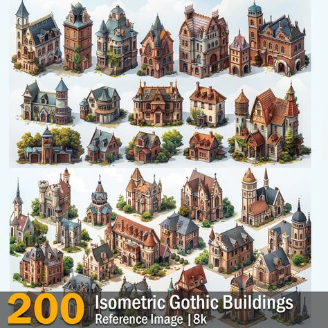 Isometric Gothic Buildings | Reference Images | 4K,  on ArtStation at https://www.artstation.com/artwork/RyPAQW 18th Century Buildings, Medieval Architecture Concept Art, Medieval Concept Art, Steampunk Building, Buildings Reference, Steampunk Architecture, Desert Punk, Isometric Building, Europe Buildings