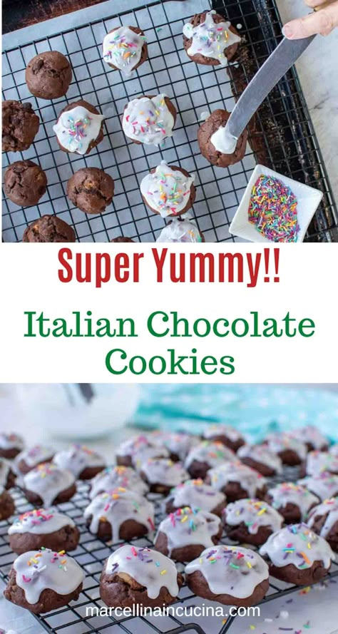 These Italian Chocolate Cookies are so easy to make and your kitchen will be filled with wonderful baking smells! Blending TWO types of chocolate with the crunchiness of walnuts, these cookies are a must for lovers of chocolate. #christmascookies #holidaycookies #chocolatecookies #italianbaking #italiancookies #italianrecipes #marcellinaincucina Italian Cookie Recipes Christmas Italy, Italian Chocolate Meatball Cookies, Italian Tutu Cookies, Italian Chocolate Ball Cookies, Italian Meatball Cookies Recipe, Italian Chocolate Balls, Meatball Cookies Italian, Italian Spice Cookies, Italian Chocolate Spice Cookies