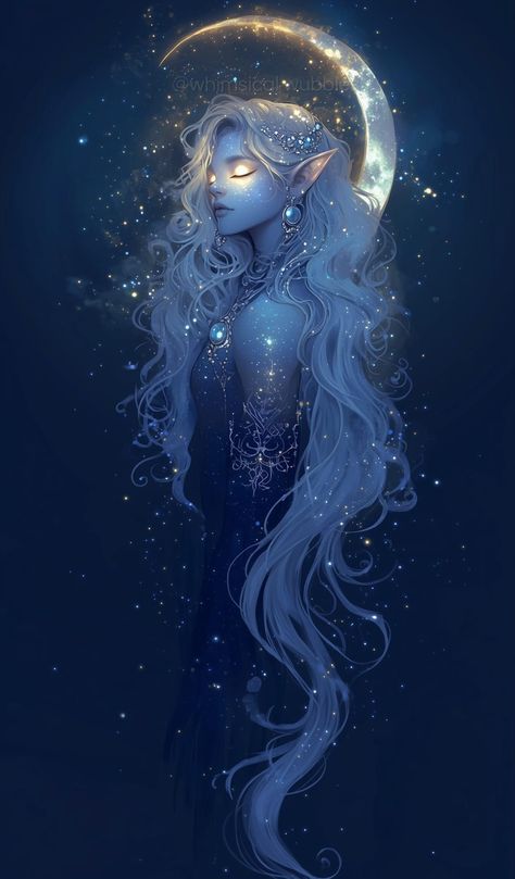 Night Elf Art, Moon Elf, Elf Art, Night Elf, Blue Night, Pinturas Disney, Fantasy Aesthetic, Moon Goddess, Moon And Stars