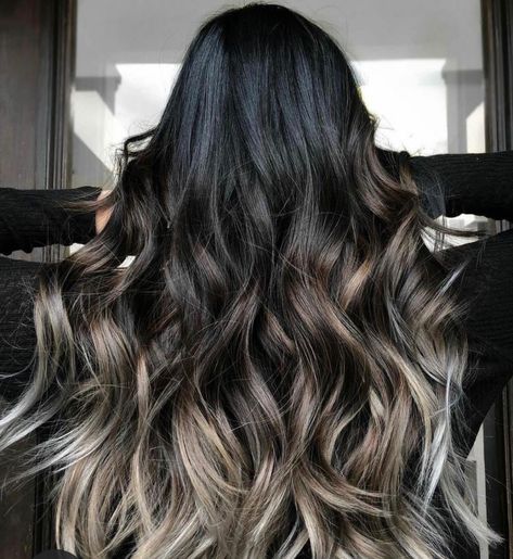 Smokey Baylage Hair, Black And White Hair Balayage, Caramel Blonde Balayage On Black Hair, Balayage Hair Black Roots, Full Balayage Black Hair, Black And Blonde Balayage, Black Hair Blonde Highlights, Balayage Grey, Black Hair With Blonde Highlights