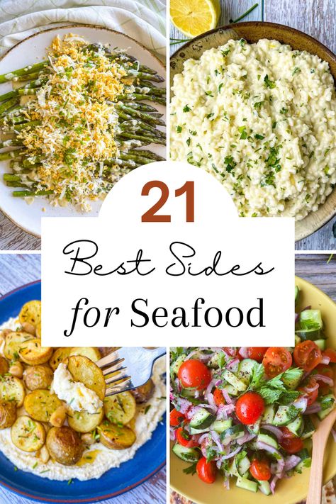 Looking for new sides that are perfect for all your favorite fish and seafood main dishes? Here's your handy guide to 21 simple and delicious side dishes to pair with fish, shrimp and all your best seafood recipes. Pin this one to your favorite recipe board today! Salad With Seafood Dinner, Appetizers For Fish Dinner, Shrimp Recipes Side Dish, Side Salad For Fish Dinner, Seafood Lunch Recipes, Best Sides For Seafood, Fish Recipes Side Dishes, Sides For Cod Fish, Summer Fish Dishes