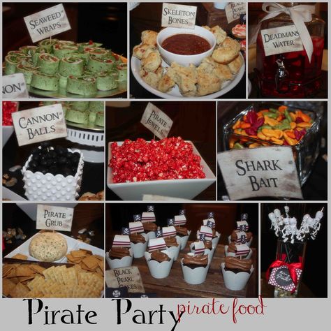 Pirate Party Food Ideas | More Pirate Party Ideas, Recipes, & Fun found: here Pirate Party Food, Pirate Food, Party Food For Adults, Kids Pirate Party, Double Birthday Parties, Pirate Party Invitations, Adult Party Themes, Pirate Theme Party, Pirate Birthday Party