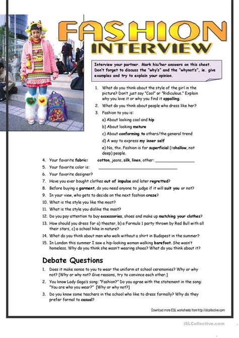 Interview Questions about Fashion (interm.) - English ESL Worksheets Appearance Worksheet, Art Careers, Argumentative Writing, Family And Consumer Science, English Grammar Worksheets, Speaking Activities, Spoken English, English Activities, Esl Teaching