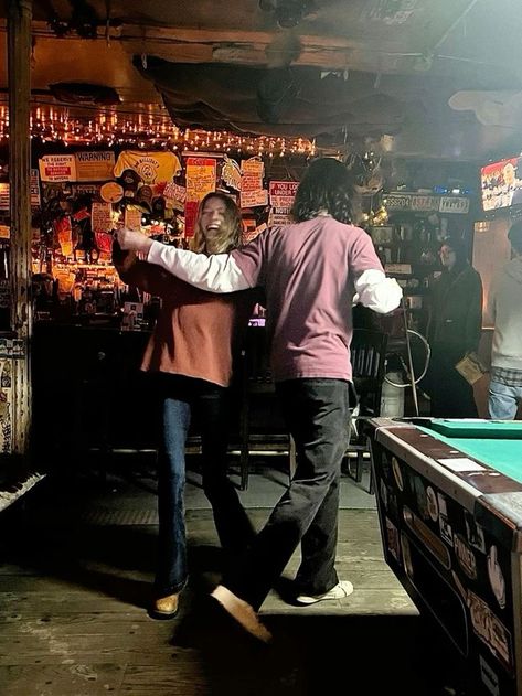 Dancing In Refrigerator Light, Couples Party Aesthetic, Dancing In The Living Room Aesthetic, Downtown Bar Aesthetic, Dancing In A Bar Aesthetic, Square Dancing Aesthetic, Bar Dancing Aesthetic, New York Dive Bar, Couple In Bar Aesthetic